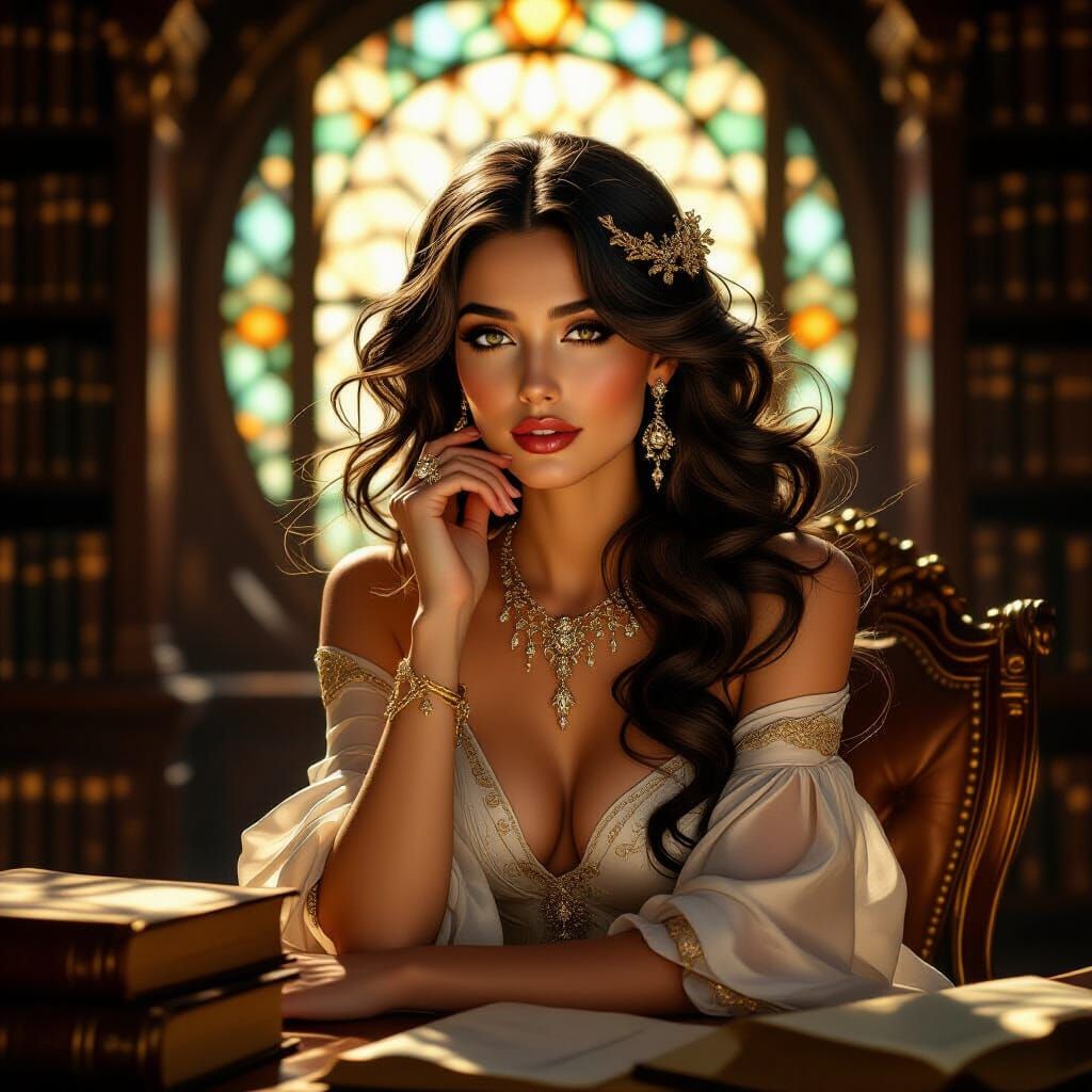 Glamorous Woman in Opulent Art Nouveau Library