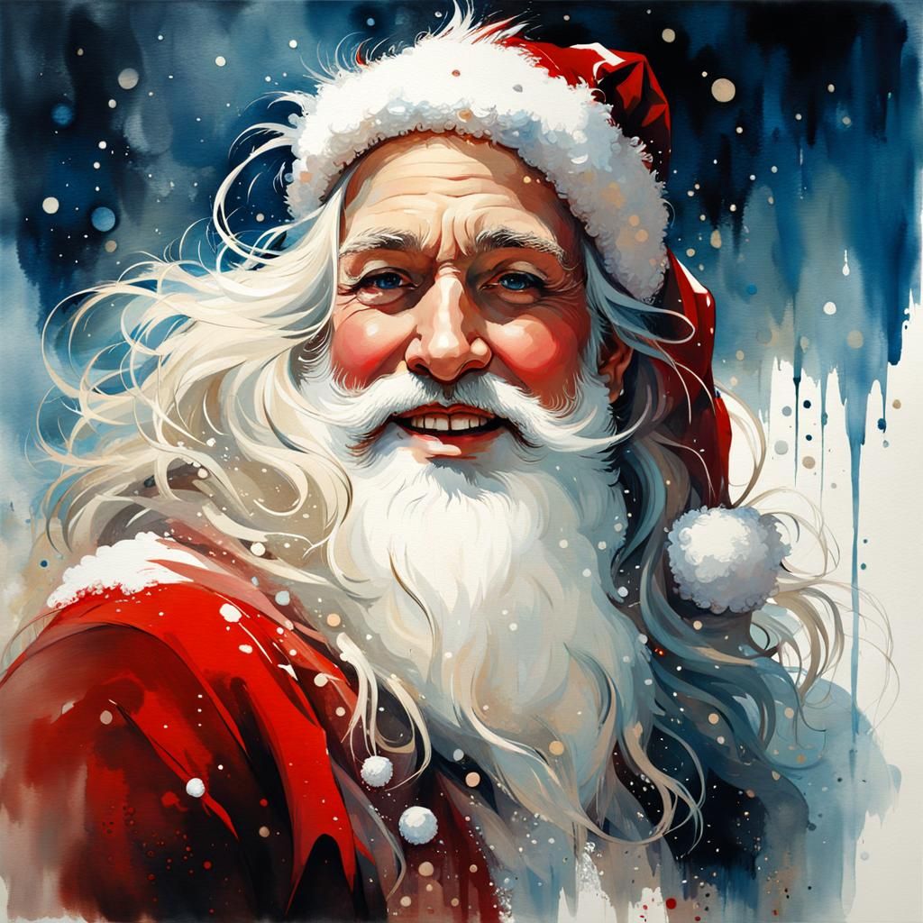 Smiling Santa Claus Portrait in Watercolor Art