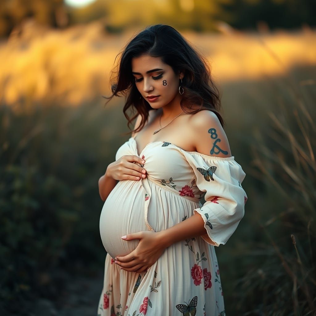 Pregnant Bohemian Goddess with 8 Tattoo in Nature