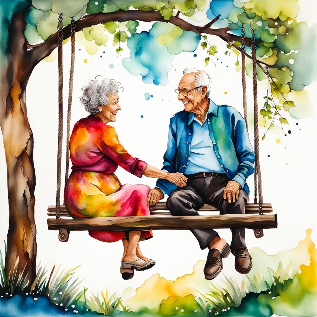 Elderly Couple on Tree Swing in Alcohol Ink