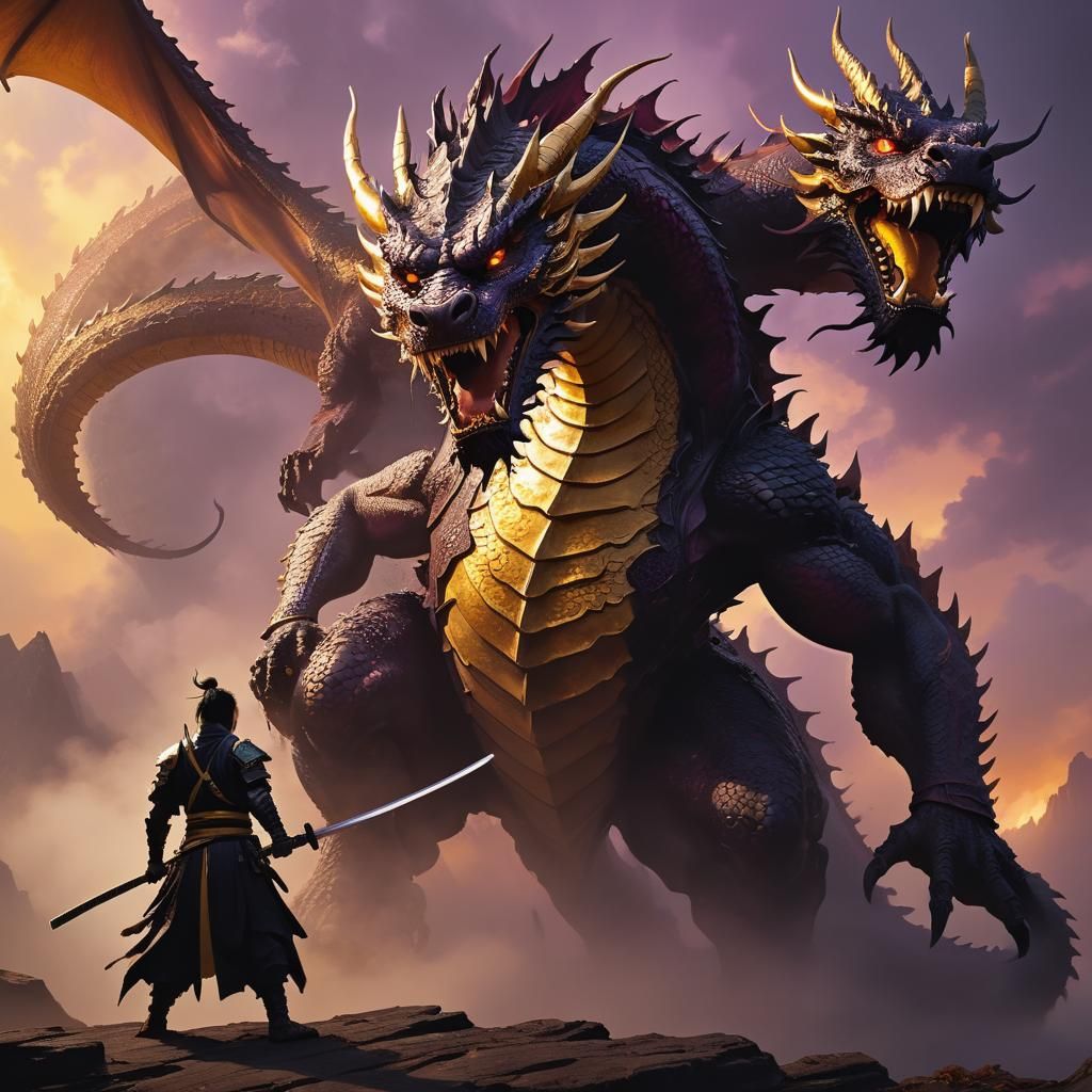 Ronin fighting a dragon a masterpiece, 8k resolution, dark f...