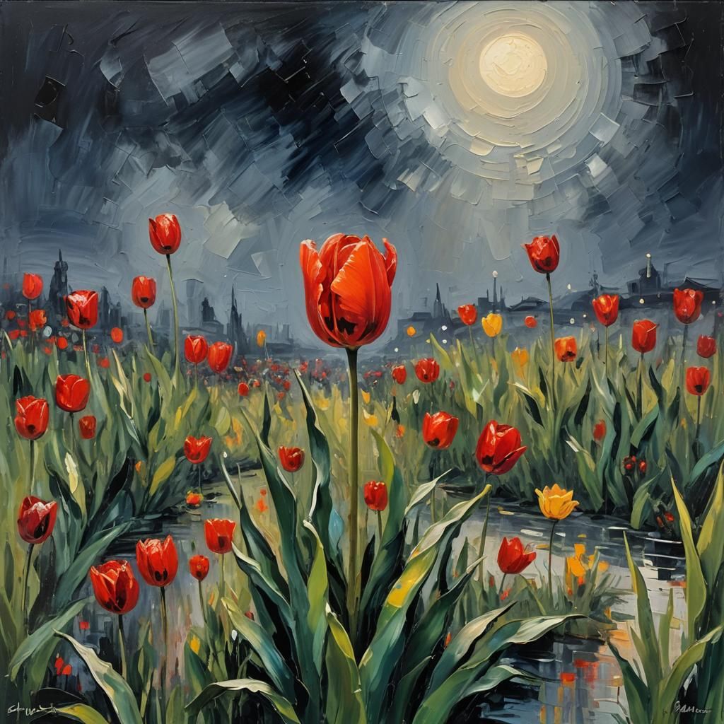 Red Tulip in Moonlight, Neo-Expressionist Oil Painting