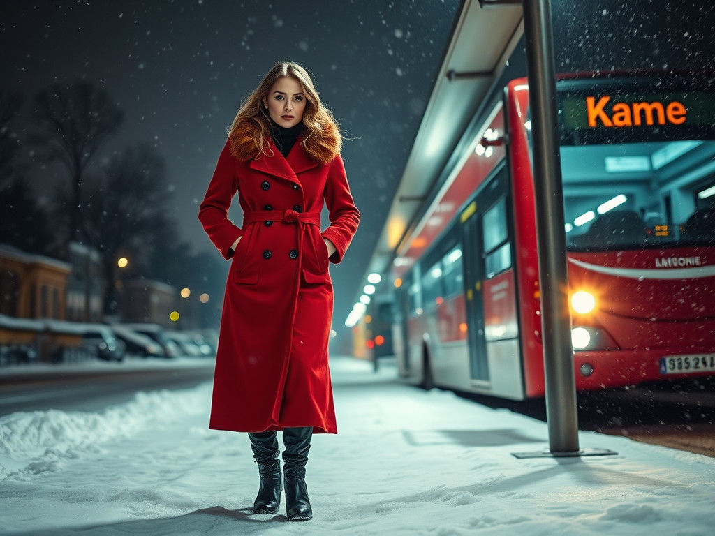 Woman in Red Coat at Snowy Bus Stop
