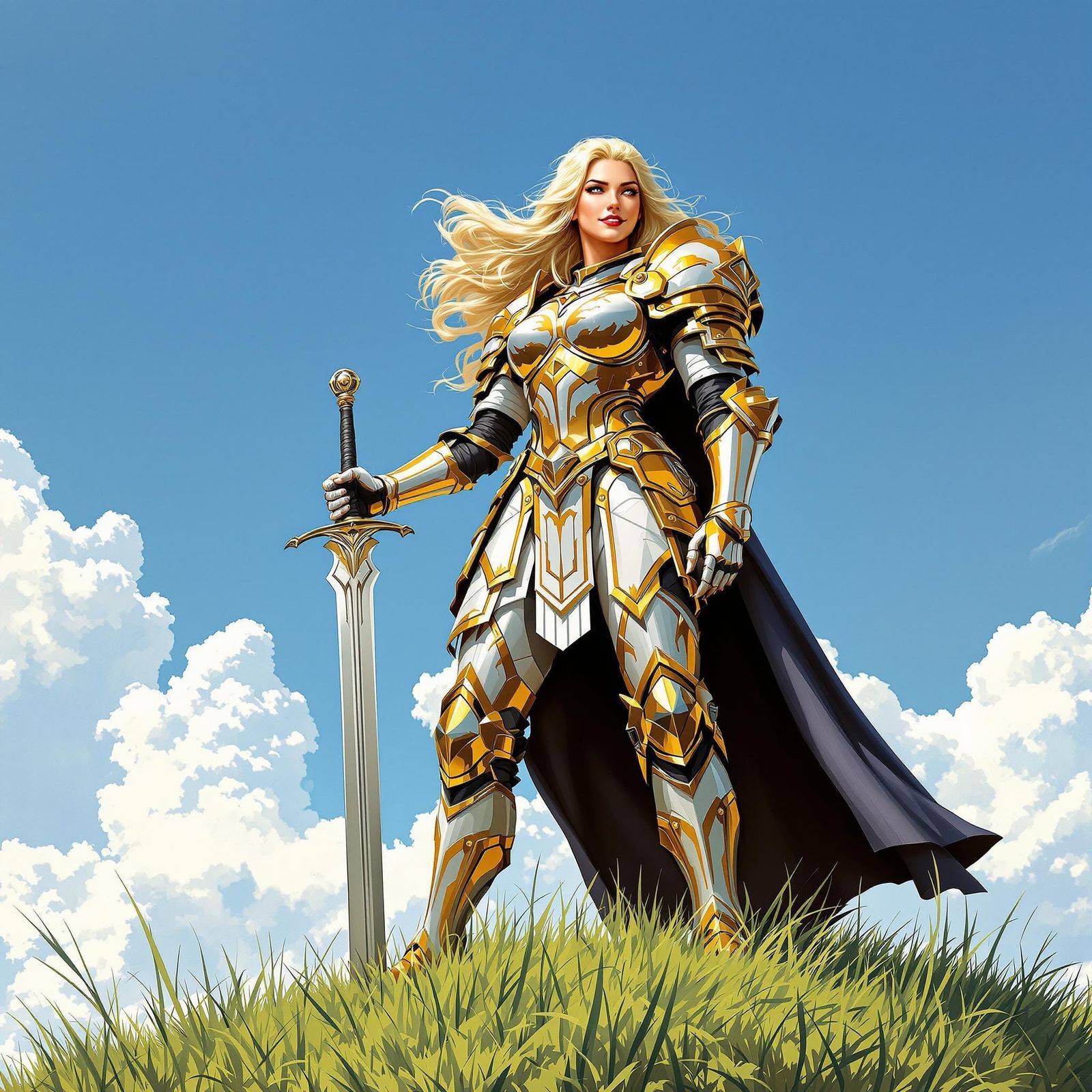 Female Paladin in Gold Armor on Grassy Hill