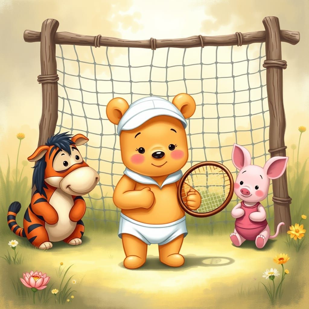 Charming Disney Pooh and Friends Tennis Scene in Whimsical W...