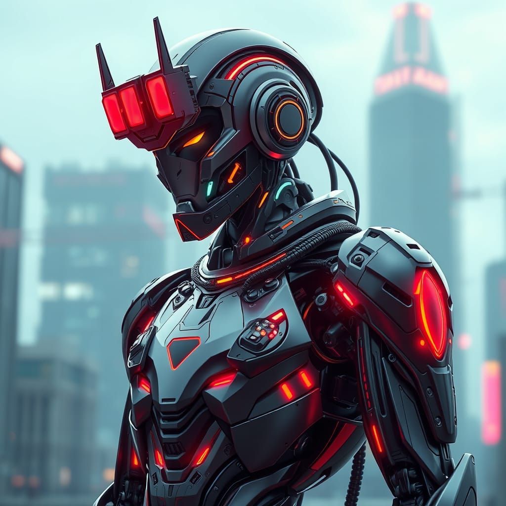 Futuristic Robot in Metallic Attire Against Dystopian Citysc...
