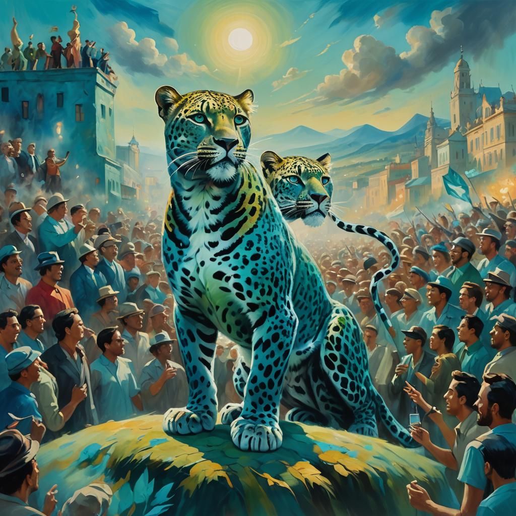 Blue Leopard King in Surreal Art Deco Cityscape
