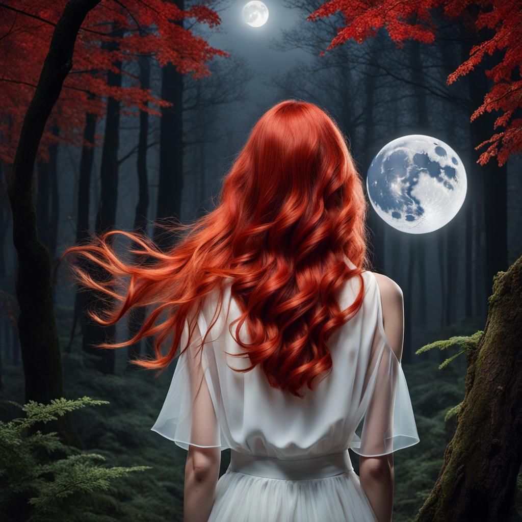 Woman Holding Broken Heart in Forest Moonlight