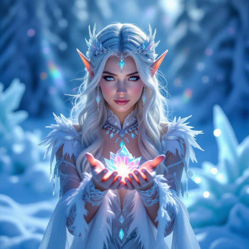 Hyperrealistic Ice Elf with Crystal Jewelry and Rainbow Glow