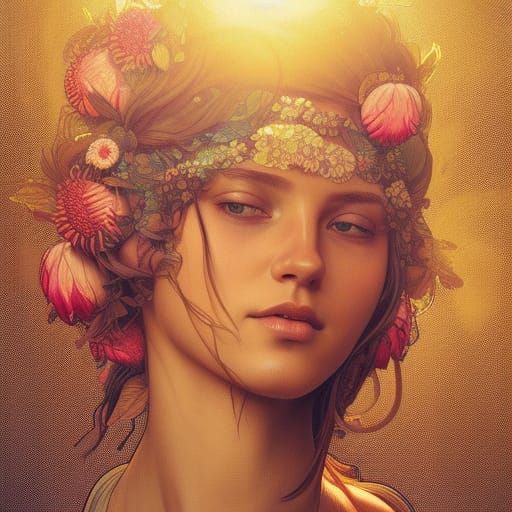 Hippie Woman with Protea Flowers in Sunset Light