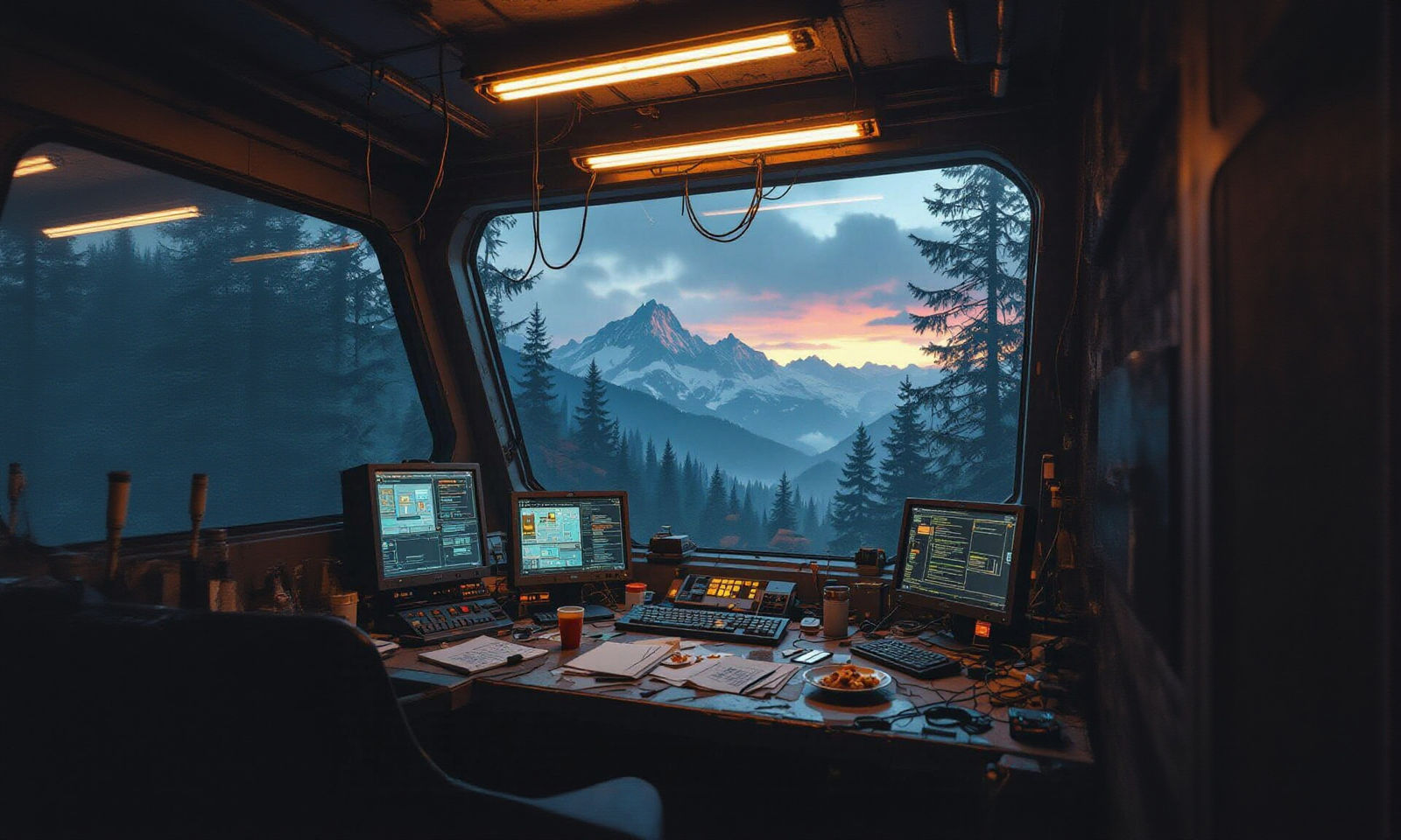 Futuristic Control Room in Forest at Dusk