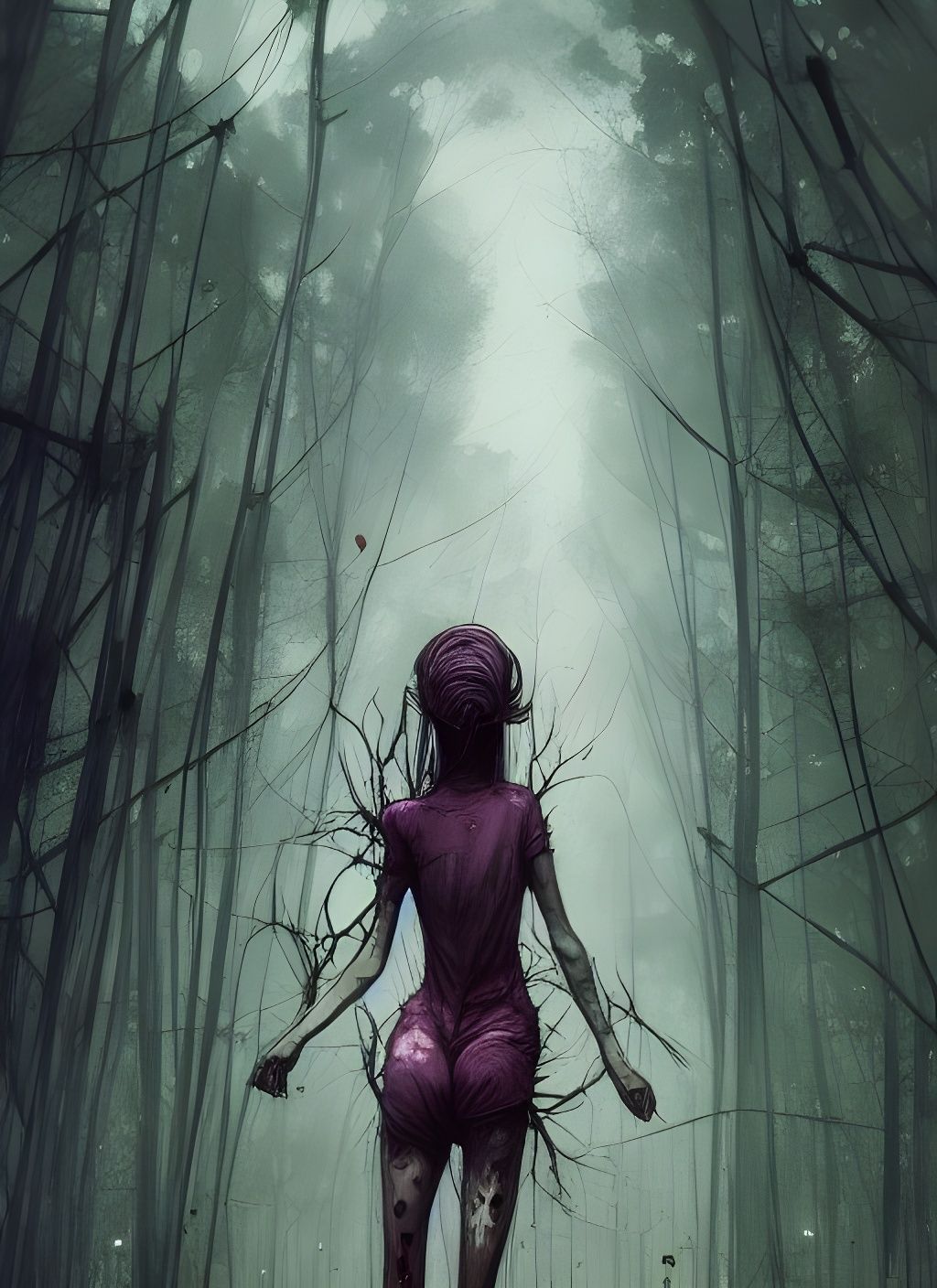 Girl Turns Into Tree: Sinister Digital Illustration