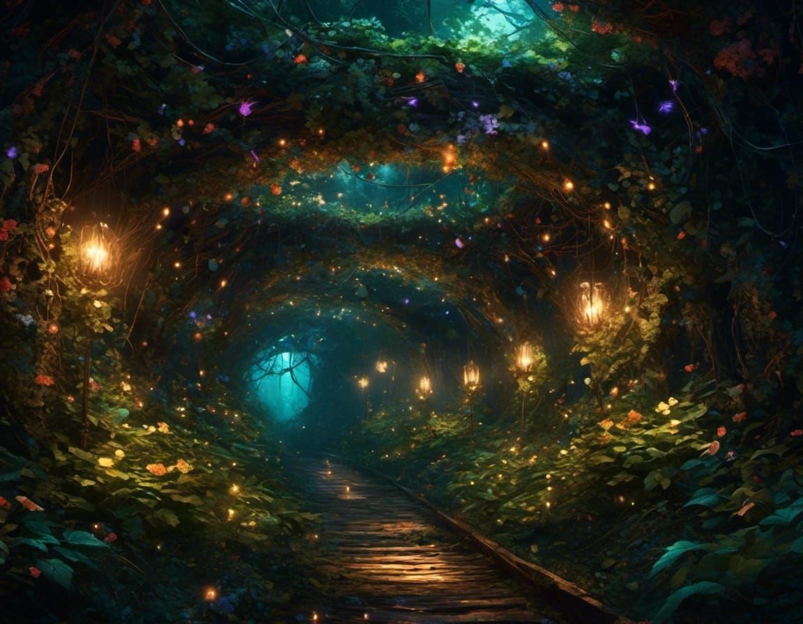 Majestic Overgrown Tunnel with Fairy Lights