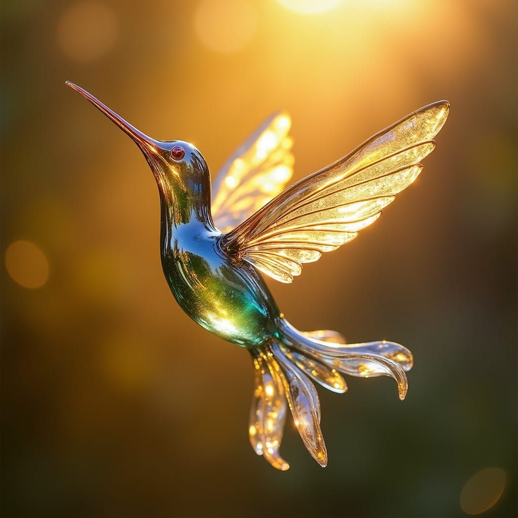 Delicate Glass Angel Hummingbird in Golden Light