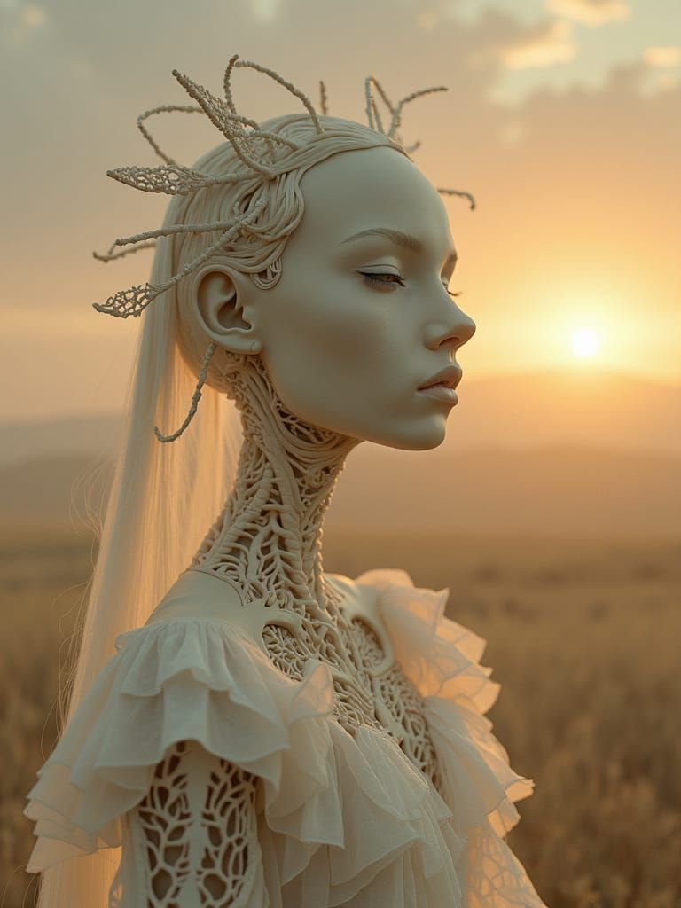 Surreal Ivory-White Figure in Necromantic Sunset