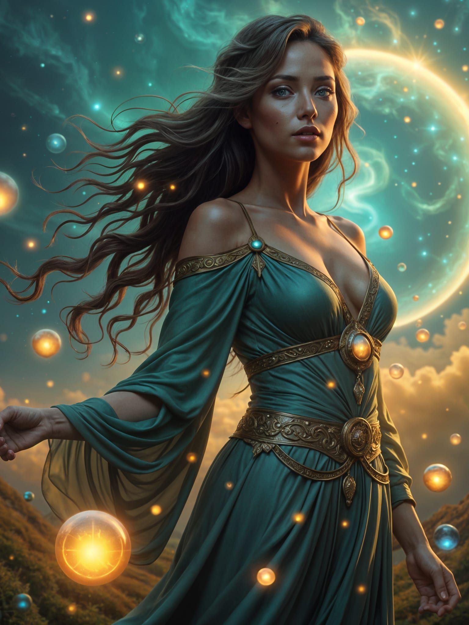 Golden Sorceress in Orb Field, Photorealistic Rendering