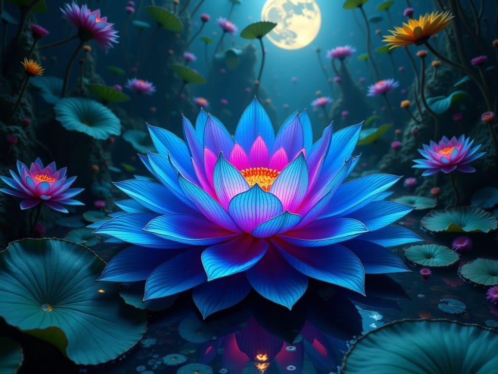 Biomorphic Lotus Blooms Under Cosmic Moonlight