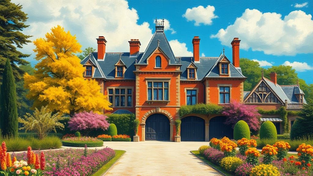 Grand Brick Chateau with Vibrant Garden and Painterly Style