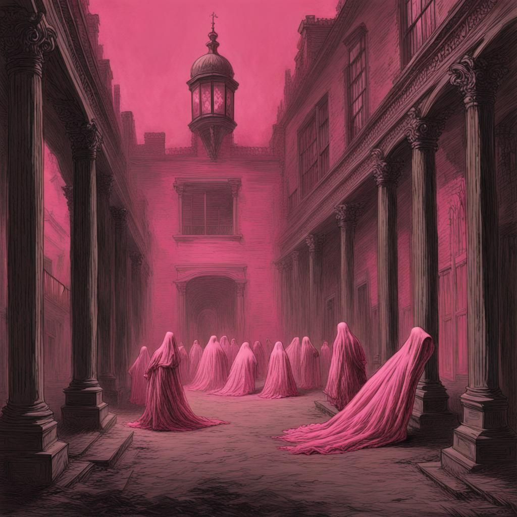 Ethereal Apparitions in Pink Asylum, Horror Illustration