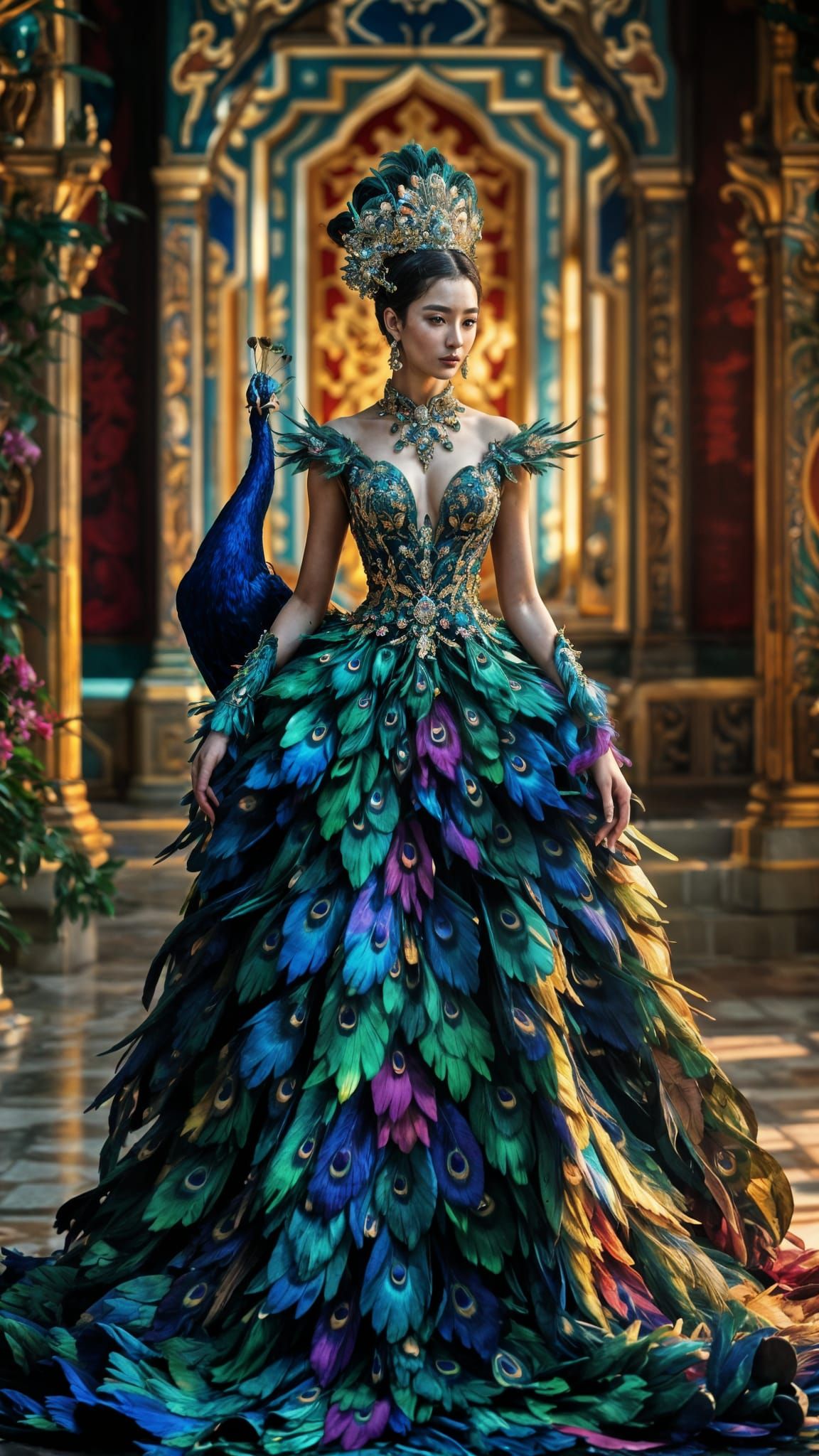 Regal Korean Queen in Iridescent Peacock Gown with Majestic....