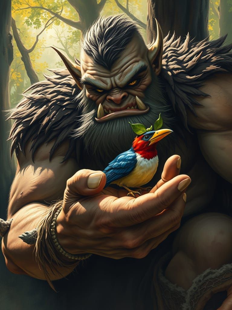 Ogre's Gentle Touch: A Forest Scene in Painterly Style