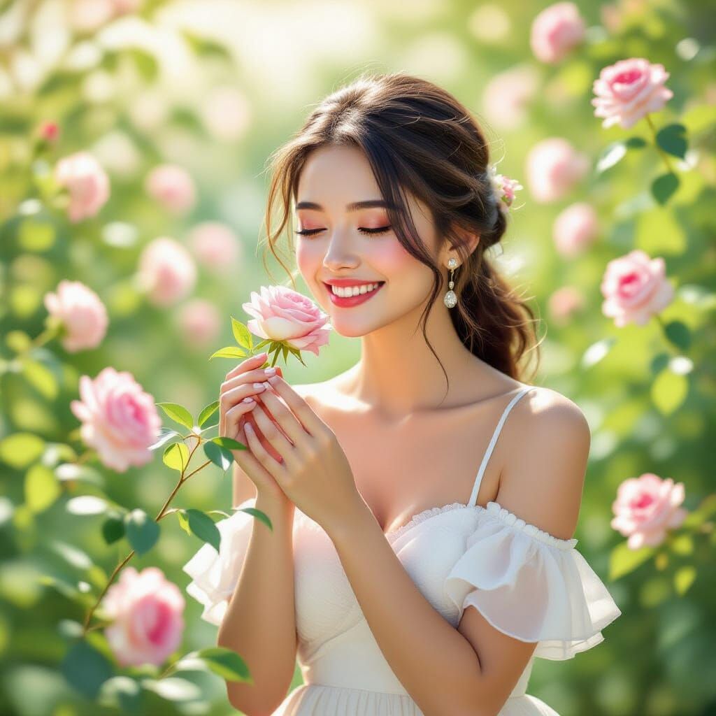 Woman Smelling Rose in Garden, Dreamy Watercolor Style