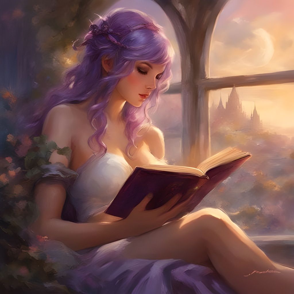 Purple-Haired Girl Reading: Detailed Ink Splash Art