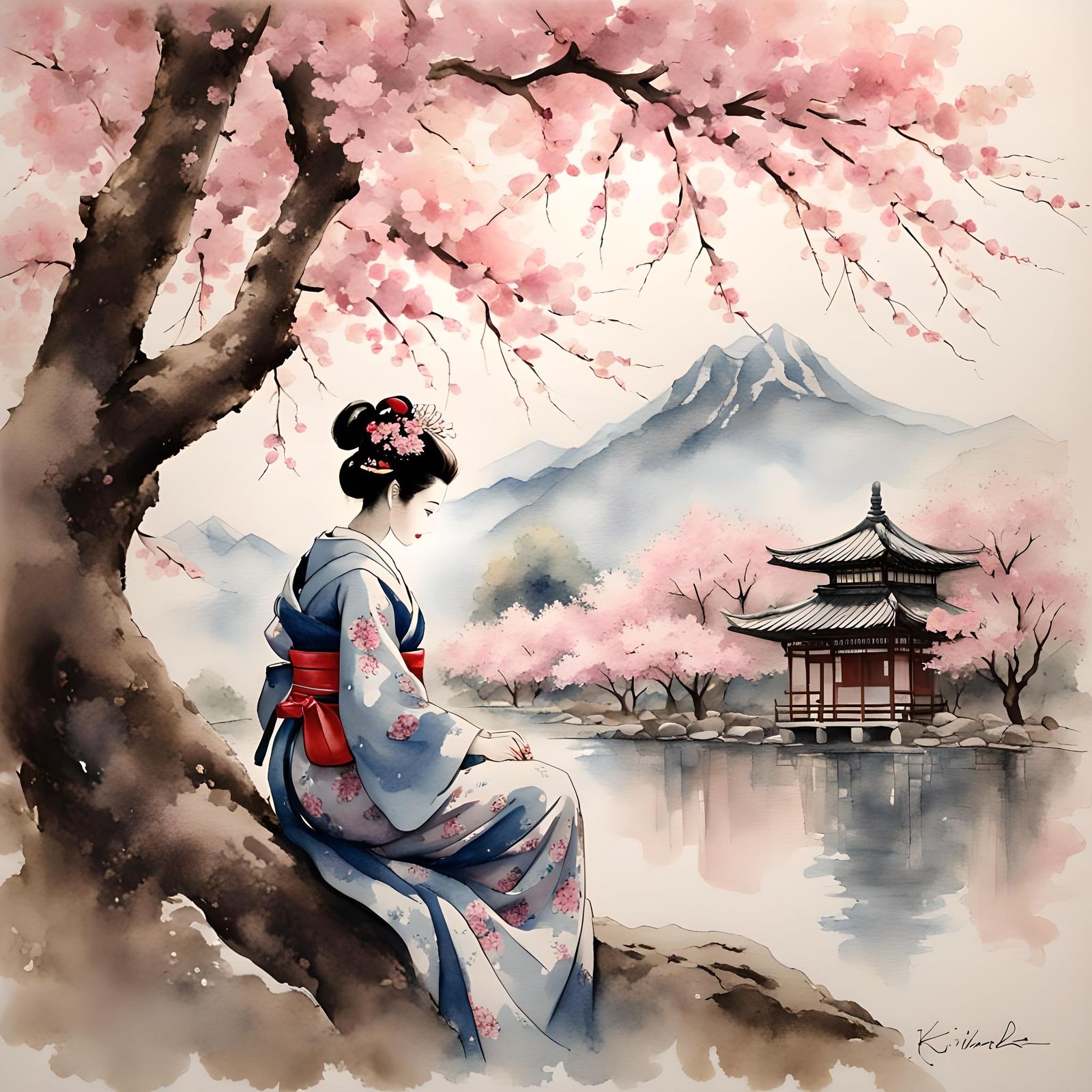 Geisha Under Cherry Blossom: Ink and Watercolor Art