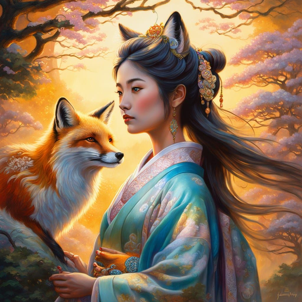 Fox Spirit Empress: Ethereal Oil Painting