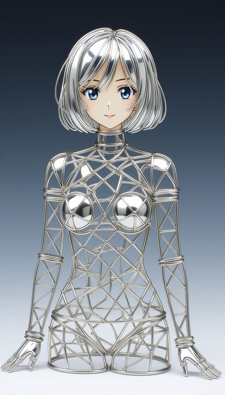 Anime Metallic Wire Sculpture of a Woman