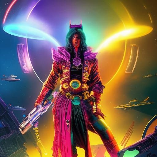 Retrowave Space Pirates Boarding Spaceship in Neon Ink