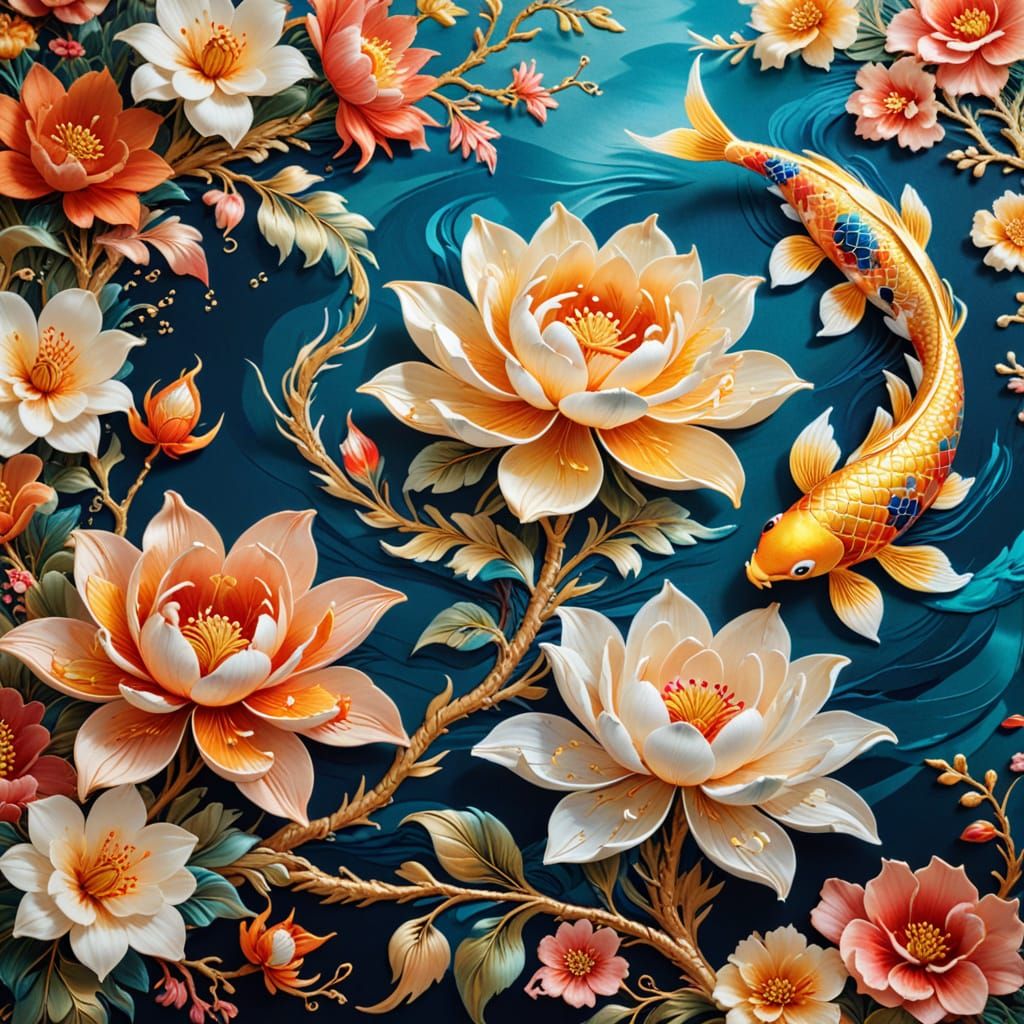 Baroque Flower Tapestry with Cranes and Koi
