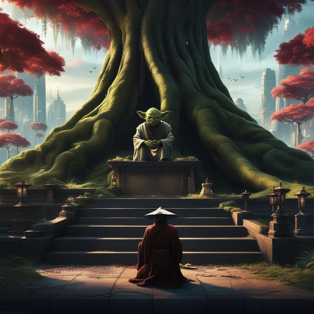 V for Vendetta & Yoda Under Cyberpunk Tree