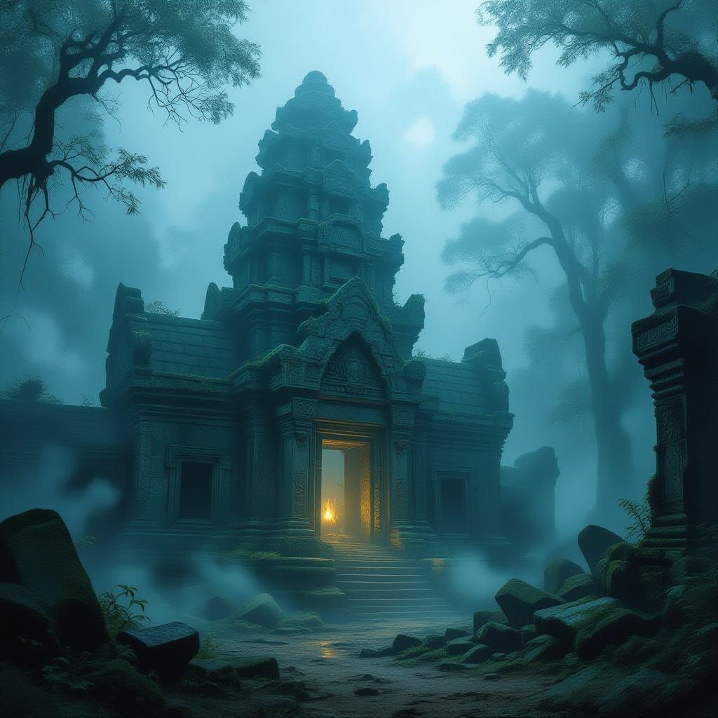 Ancient Temple Lost in Foggy Forest
