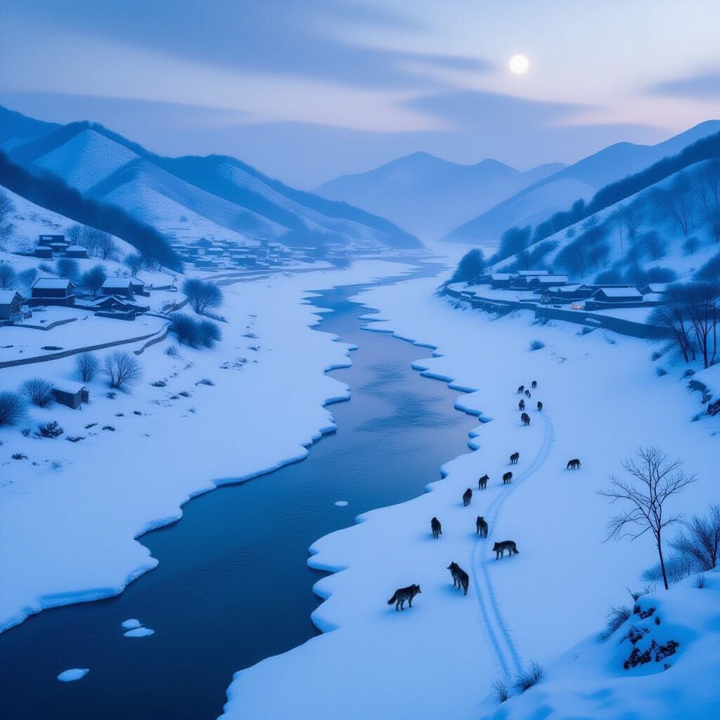 Winter Border Landscape with Wolves in Magical Realism Style