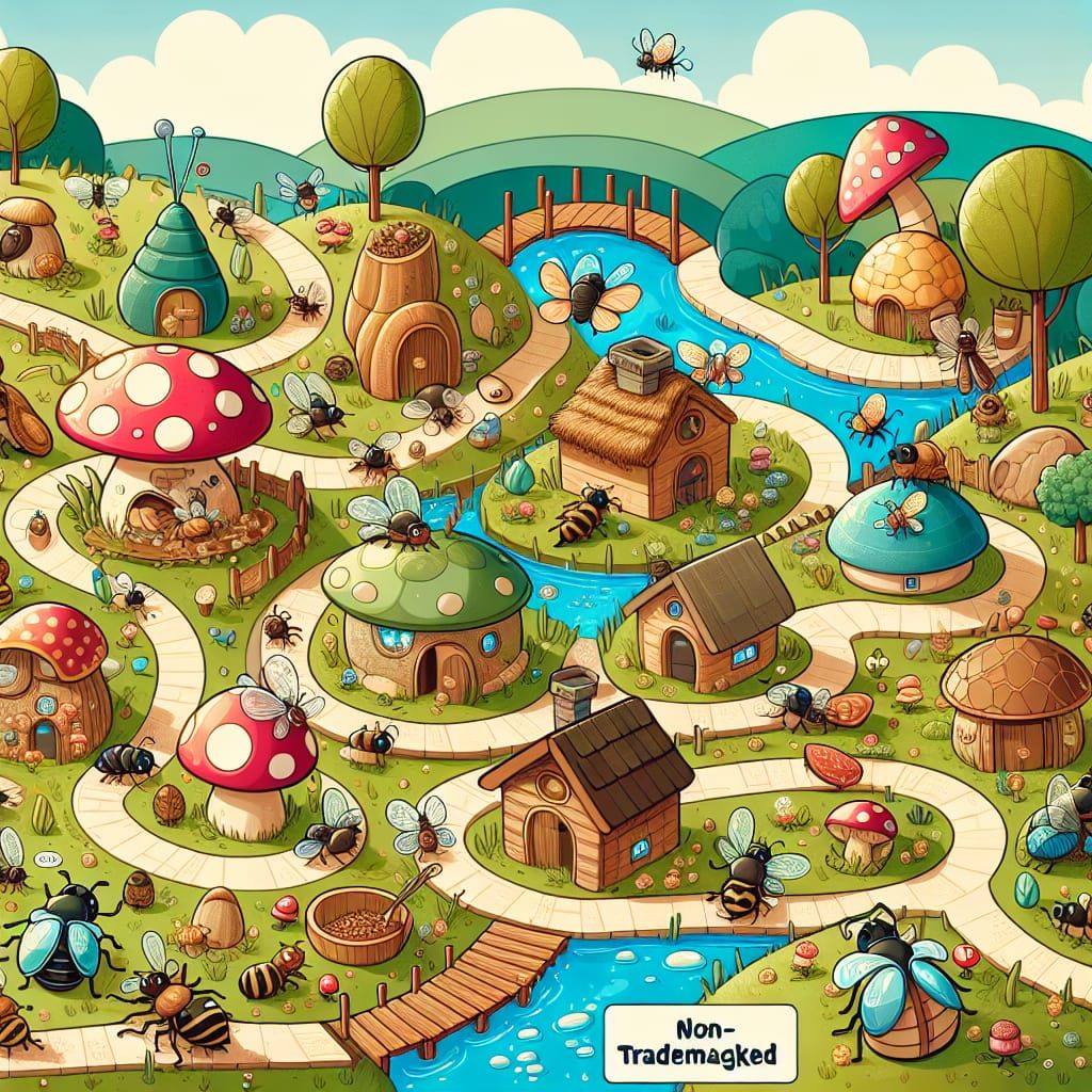 Disney Pixar style adorable insects, in a little village of cute insect homes, doing everyday chores, village background