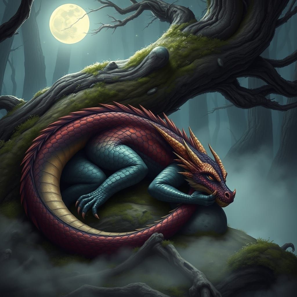 Majestic Purple Dragon Slumbers Under Ethereal Moonlight