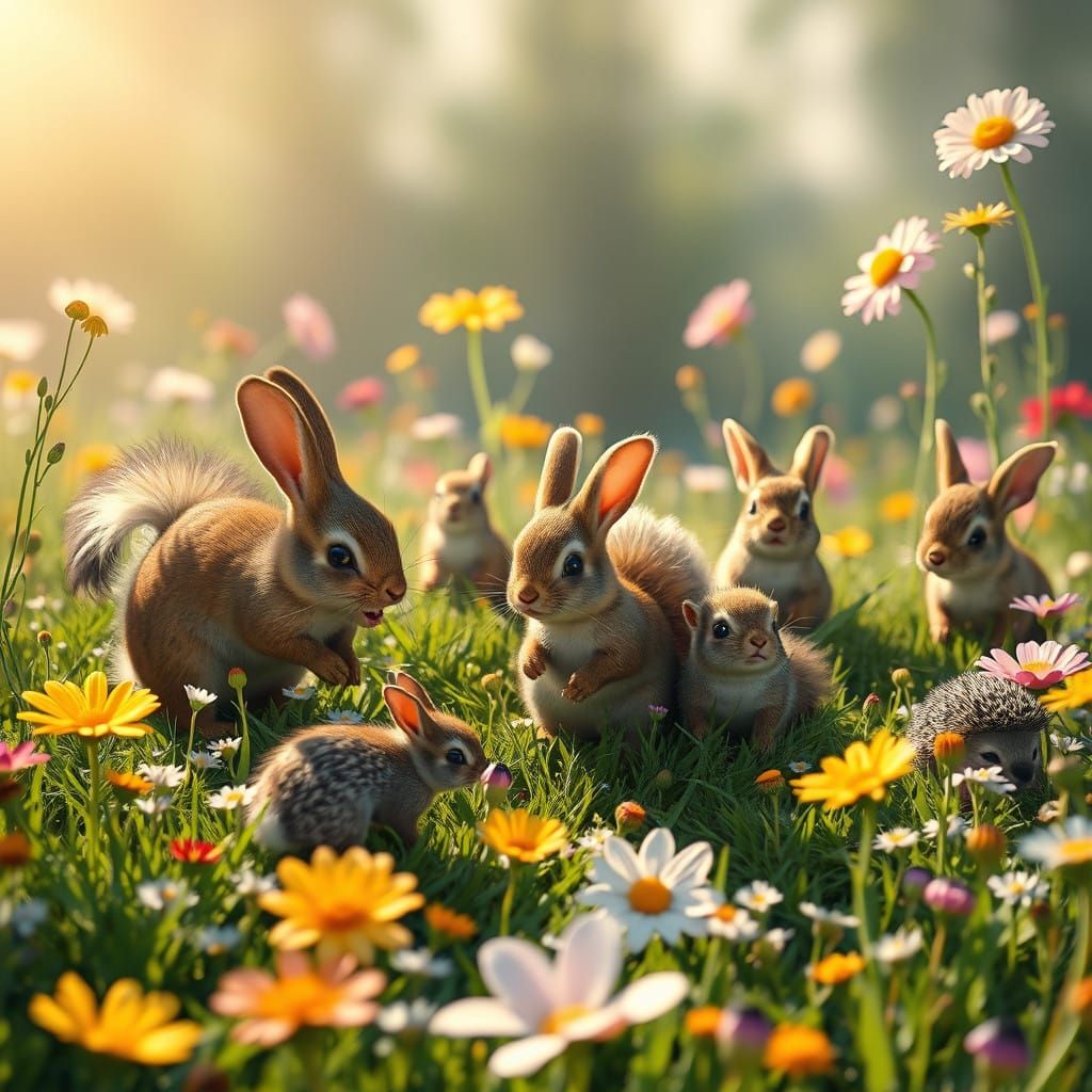 Whimsical Menagerie in Vibrant Floral Paradise