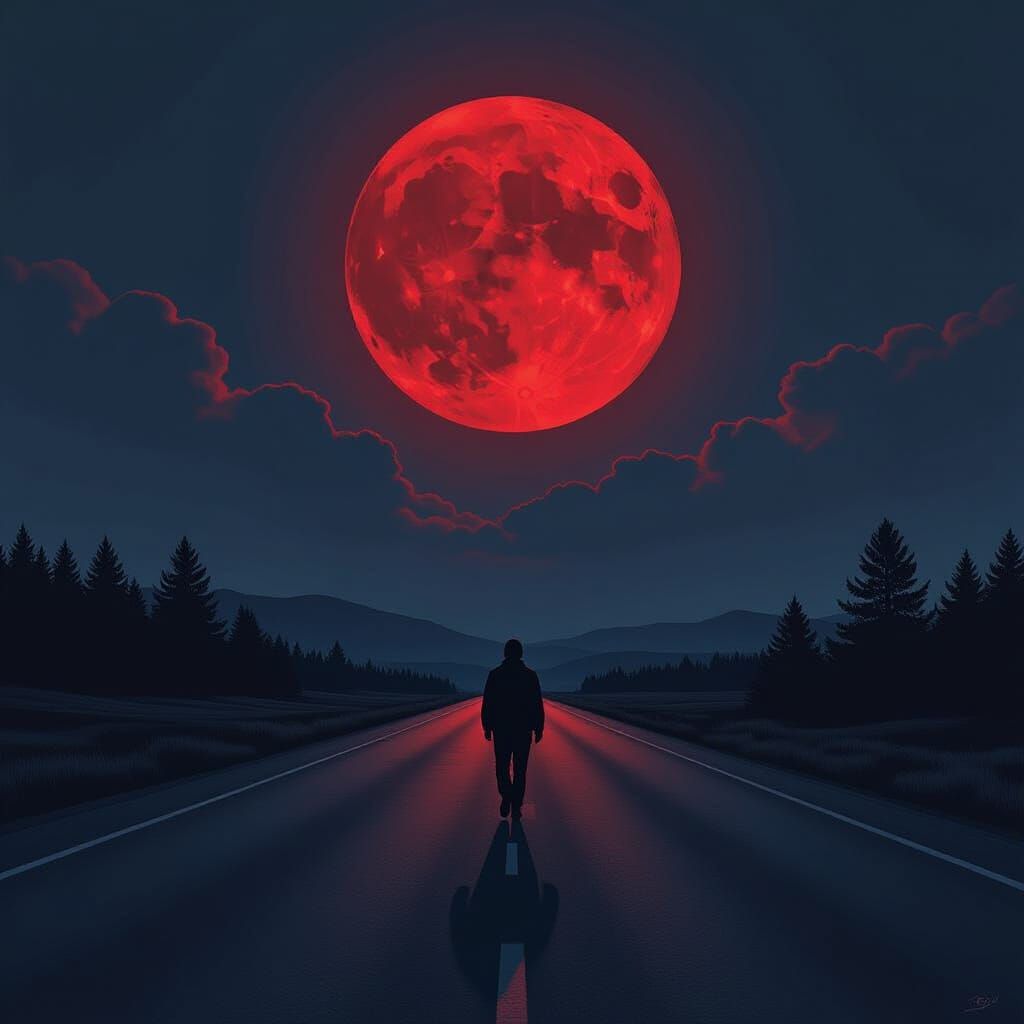 Dystopian Highway Under Blood Moon in a Cinematic Style