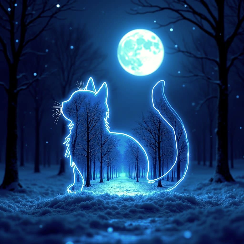 Glowing Stained Glass Cat Reflects Winter Forest