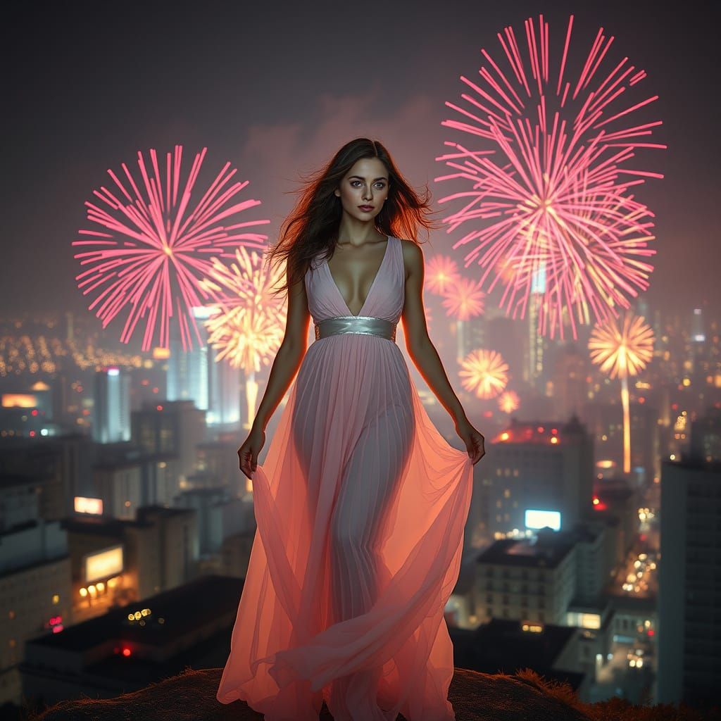 Woman Amidst Double Helix Fireworks in Futuristic Cityscape
