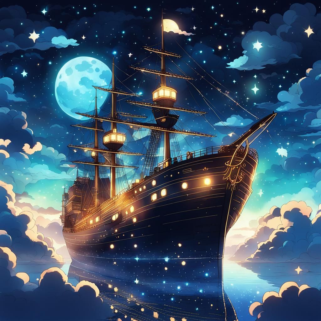 Mystical Ship Sails Night Sky in Anime Style