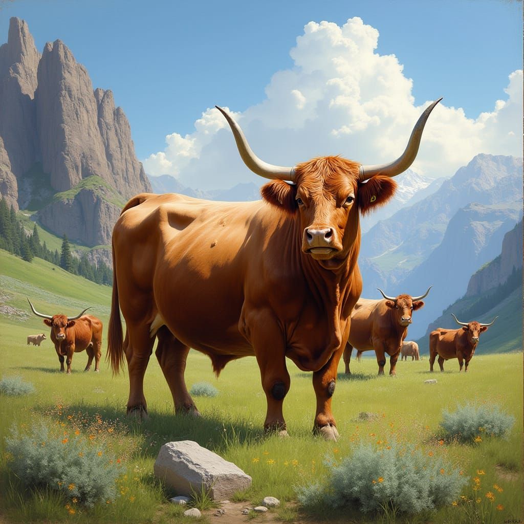 Majestic Hereford Bull in a Lush Mountain Landscape