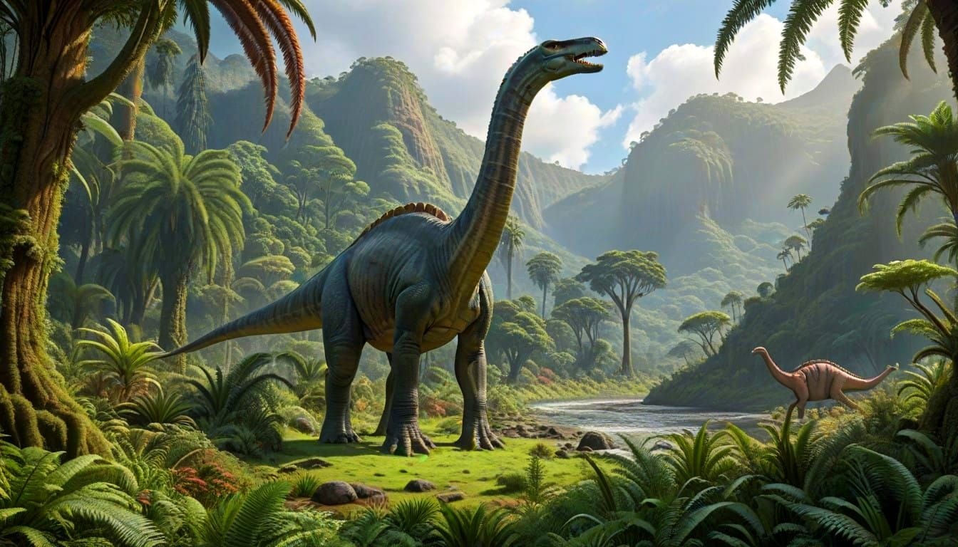 Dinosaur in a Primeval Valley Landscape
