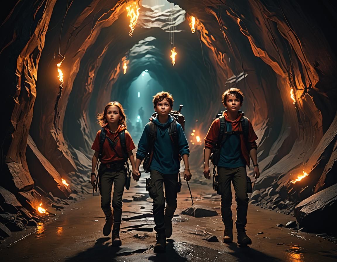 Adventurous Siblings Explore Dark Tunnel With Torches