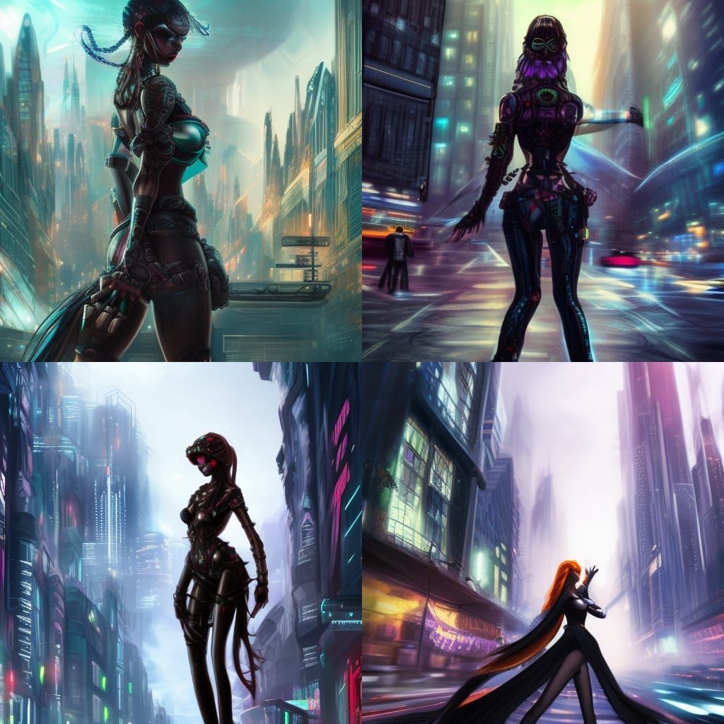 Cyberpunk Woman in Cityscape: Detailed Matte Painting