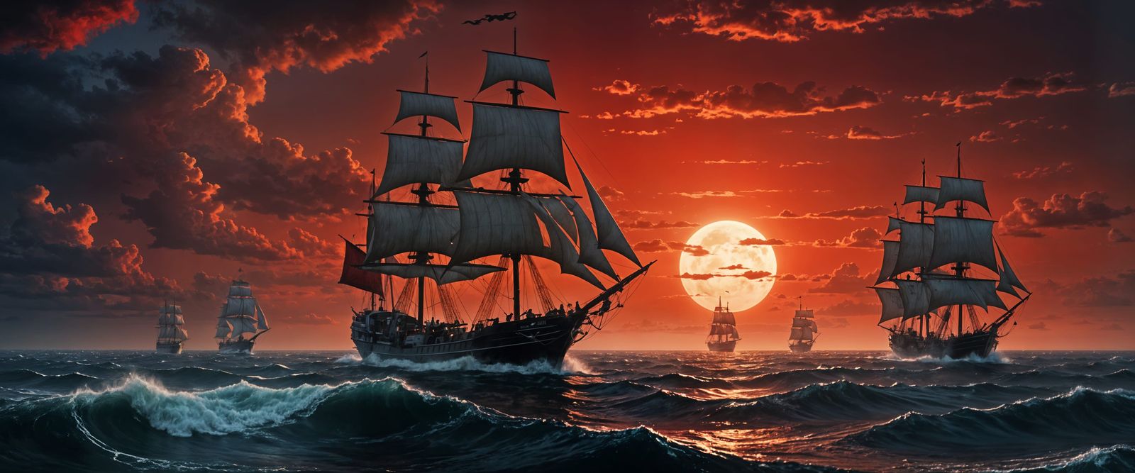 Two Red Suns Eclipsing Over a White Ship