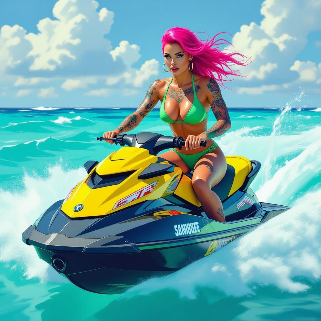 Woman on Jet Ski: Cinematic Matte Painting