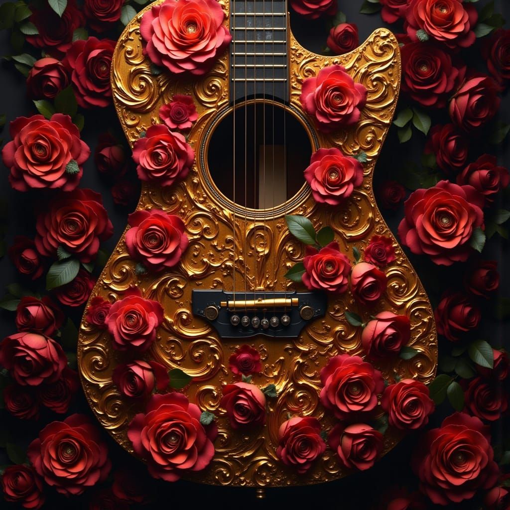 Ornate Guitar Ablaze with Roses: Dark Oil Painting