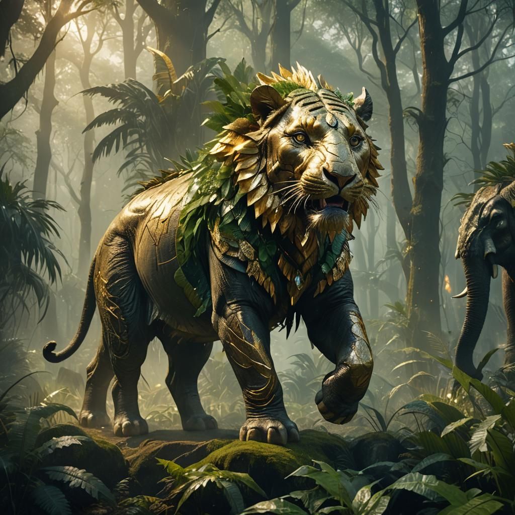 Hybrid Beast Roaring in Misty Forest: Dark Fantasy Art